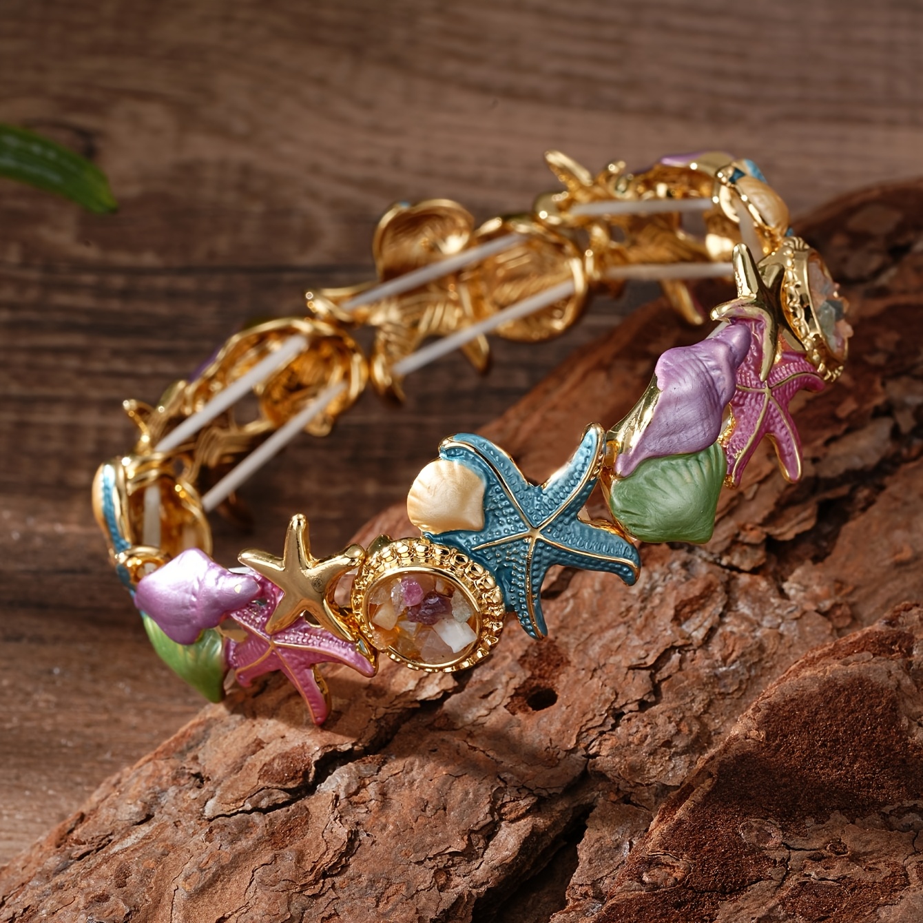 Boho Summer Coastal Starfish & Seashell Bracelet, Open Cuff